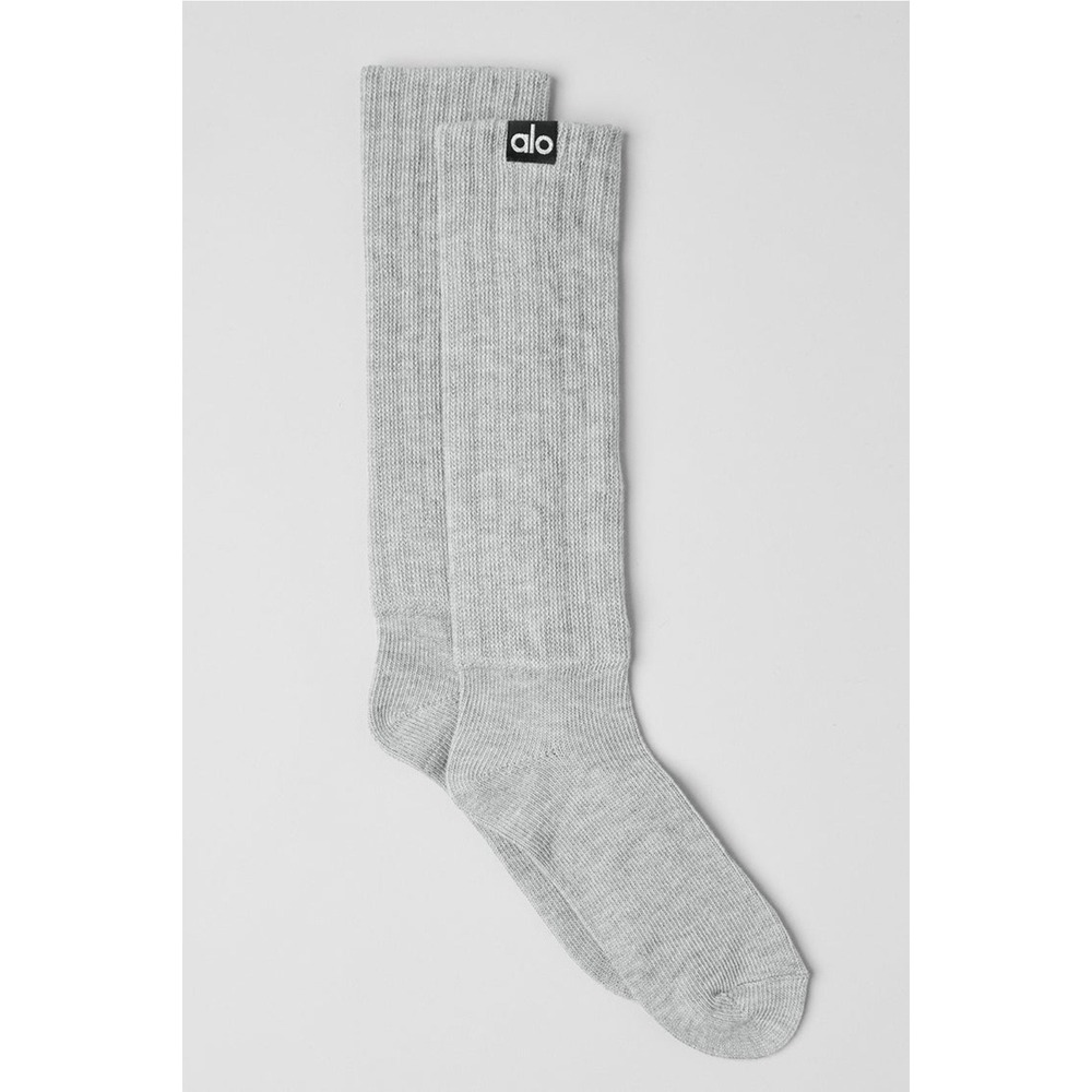 Alo Yoga Womens Scrunch Socks Athletic Heather Grey Ribbed Tall Logo M/L NEW